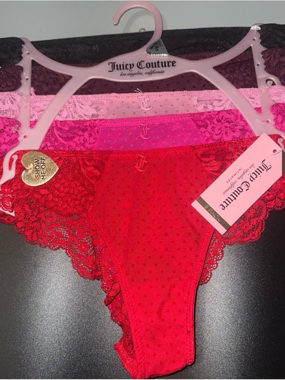 Juicy Couture Lace-Trim Thong Set in Red and Pink